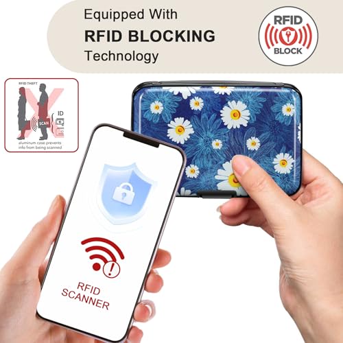 Image of ELFISH Mini RFID Aluminum Wallet Credit Cards Holder Business Card Case Metal ID Case for Men Women(White Flower)