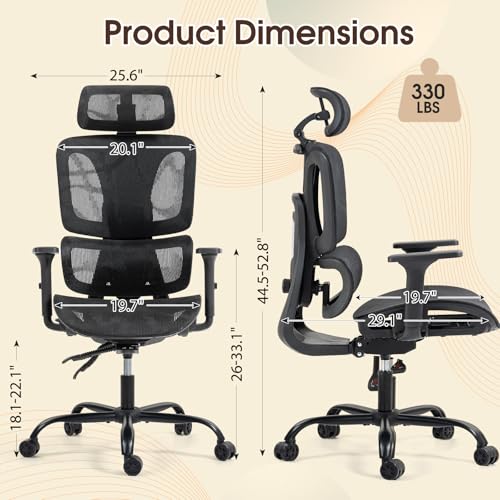 Image of ECOTOUGE Mesh Desk Chair, Ergonomic Office Chair with Lumbar Support, Adjustable Headrest & 3D Armrests, Reclining High Back Chair for Home, Black Gaming Chair for Adults