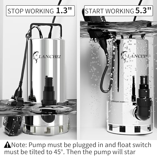 Image of LANCHEZ Sump Pump, 1.6HP High Flow Submersible Water Pump with Float Switch, 6000GPH Automatic Transfer Utility Pump Pump for Swimming Pool Basement Flooded Pit Sewage Sink Tub, Stainless Steel Large