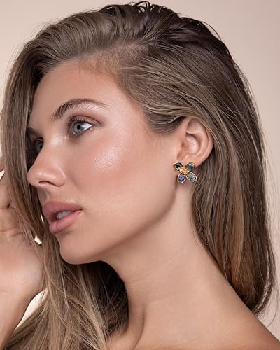 Gold Mother of Pearl Flower Stud Statement Earrings for Women by SNGIA, Dainty Bold Retro Handmade Trendy Natural Sea Abalone Shell Floral Bohemian Jewelry Gifts, Small Unique Baroque Turquoise Stone Summer Beach Fashion Earrings Accessories, Vintage Gemstone Nickle Free Huggies Earrings.2