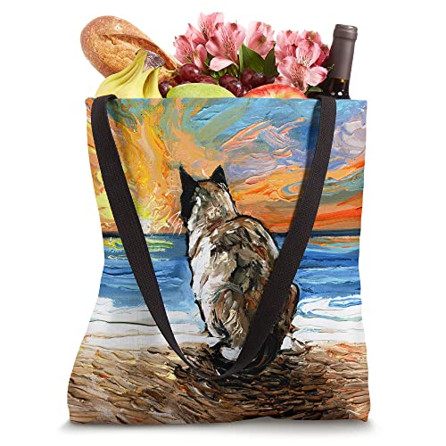 Bolso tote con ilustración de gato siamés Snowshoe en atardecer en la playa, por Aja miniatura 4