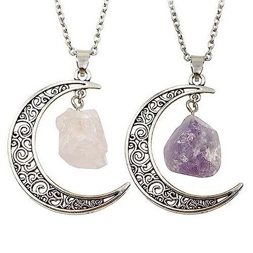 MJartoria Best Friend Moon Cyrstal Pendant Necklaces, Love Across Light Years Filigree Crescent Moon Nebulae Cabochon Amethyst Friendship Necklace (Purple)