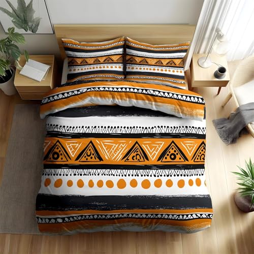 Housse de Couette 220x240 Rayures géométriques Parure de Lit 220x240 Adulte Microfibre Doux et Confortable Housse Couette Ethnique avec 2 Taie Oreillers 65x65 GH1229