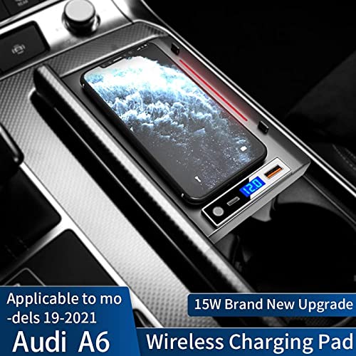 XLARSH Car Wireless Charger for a-u di A6 2019-2021 Center Console Accessory Panel,with QC3.0 USB Port and 18W PD Port 15W Fast Charging Phone Charger Pad for All Qi Phone