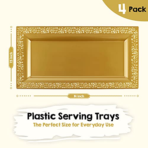 Yumchikel-Decorative Plastic Serving Tray & Platter Set (4Pk)-Gold & Lace Rim Disposable Serving Trays & Platters For Food - Weddings, Upscale Parties, Dessert Table, Cupcake Display - 14"X7.5" Inches #TOP2