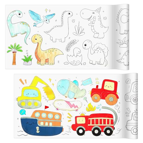 Coloring Paper Roll 2 Pcs Drawing Roll Paper Sticky Rolls for Artist DIY Painting Drawing Coloring Rolls fo Young Artists Gifts 11.8 x 118(Dinosaurs & Transportation)