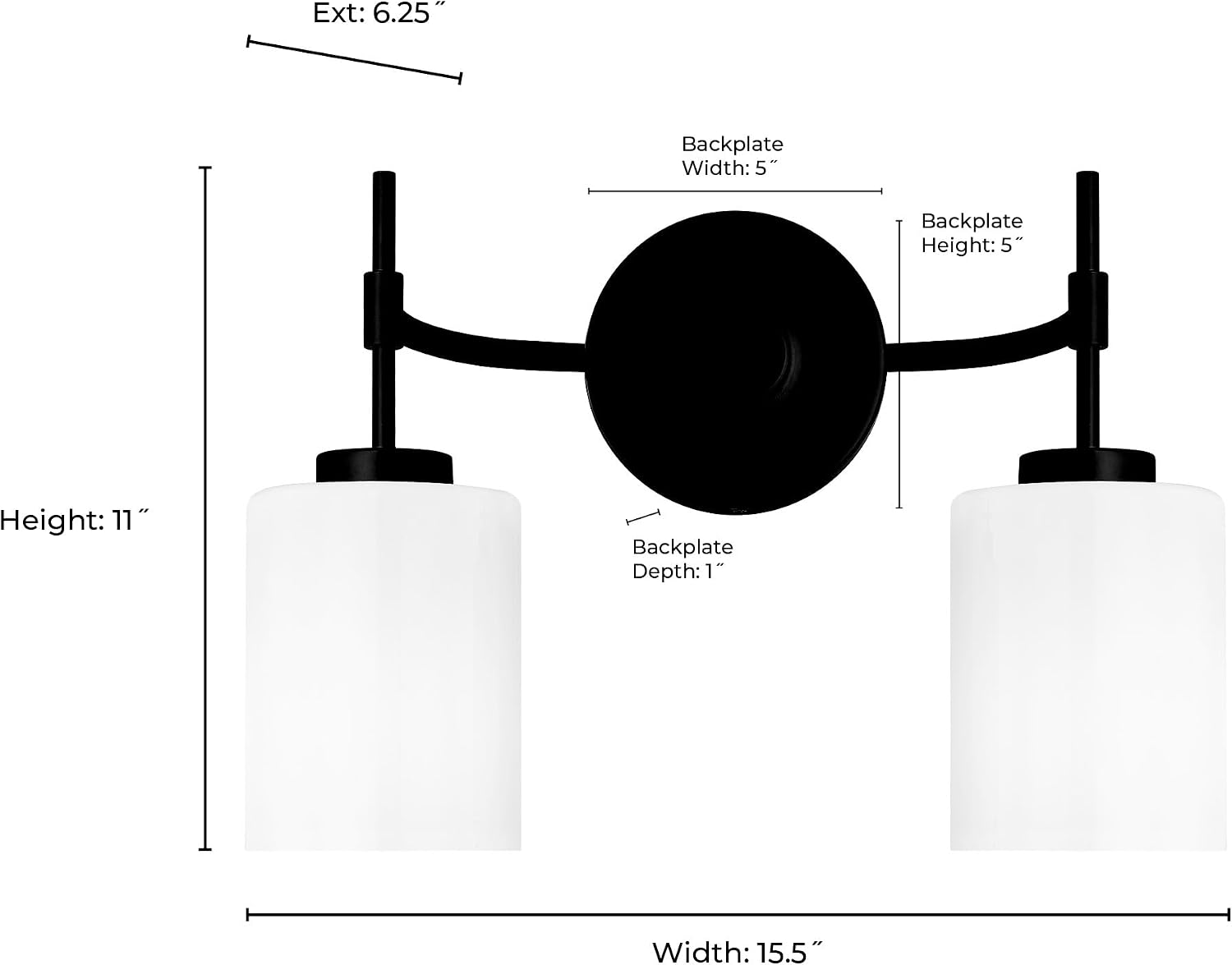 Dimensional diagram of ML Lighting Keylee 19602-PN vanity light showing length, width, and height