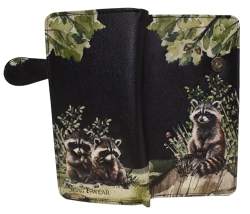 Shag Wear Raccoon Family Large Animal Wallet for Women and Teen Girls Vegan Faux Leather Black 7"3
