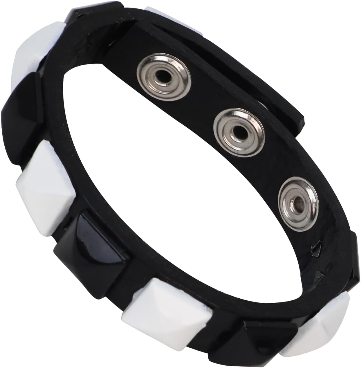 Black White Punk Genuine Leather Bracelet Cuff with Spikes Studs Rivets - Adjustable Metal Wristband for Men Women, Gothic Halloween Accessories