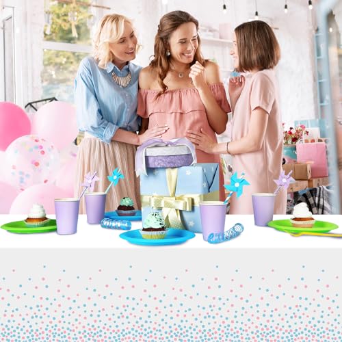 Image of 6Pack White and Pink Blue Plastic Tablecloth, White Disposable Table Cloth for Rectangle Tables, Pink Blue Stamping Dot White Tablecloth for Gender Reveal Baby Shower Birthday Party Supplies, 54 inchx108 inch