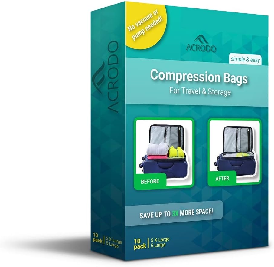 Compression Bags for Travel, Packing Organizers Space Saver Packing Bags, No Vacuum 10-pack of 5 Large & 5 Jumbo Clothes Compression Bag, Suitcase Storage & Travel Storage Bags for Clothes