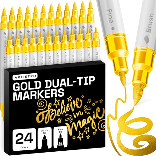Image of ARTISTRO 24 Gold Acrylic Paint Markers - Paint Pens for Drawing - For Fabric, Rock, Glass, Wood, Molds - Arts & Crafts Gift for Adults, Teens, Kids, Classroom Must Haves & School Supplies