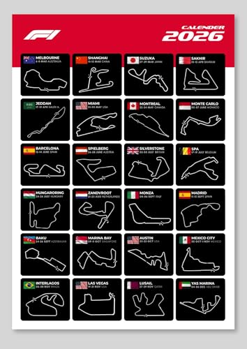 Image of F1 Calendar 2026 Poster | A3 Sized (42 x 29 cm) Formula 1 Race Poster | F1 Race-Calendar 2026 Posters for Wall | F1 Tracks Wall Decor | Monza, Monaco, Suzuka, Silverstone Track Room Decor Framed