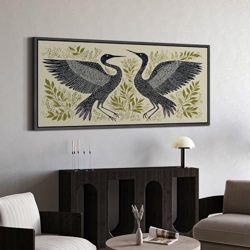 Image of MUDECOR Extra Large Framed Canvas Print Wall Art Modern Crane Birds with Green Botanical Antique Retro Ready to Hang Painting for Living Room Bedroom Multi-Sizes - 60 inchx30 inch