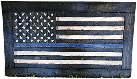 Wooden Rustic-Style Thin Blue Line American Flag w/ebony frame (26"x44")