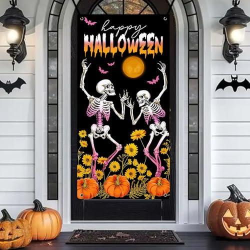 Bannière Halloween pour fond de fête à motif crâne rose et lune d'horreur