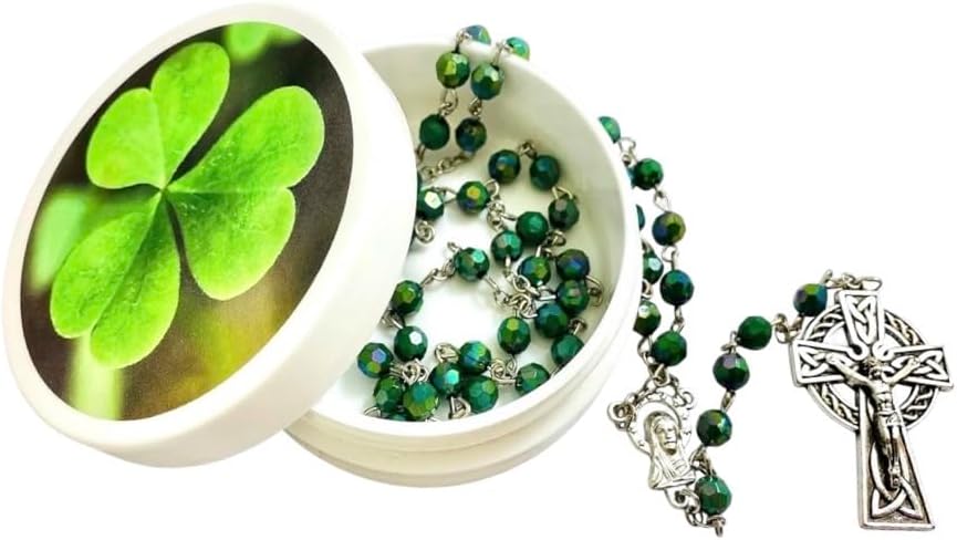 - Westmon Works Irish Shamrock Rosary Saint Patrick's Prayer Set with Green Ireland Beads Metal Celtic Crucifix and Holy Card in a Case
