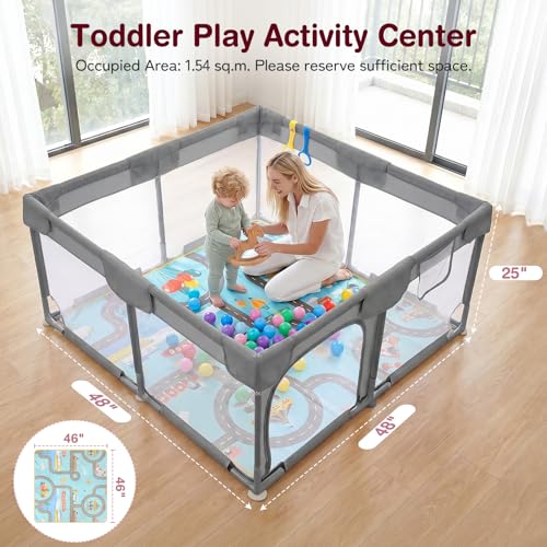 Image of Kidirect Baby Playpen with Play Mat 47x47,Ash | Small Playpen for Babies & Toddlers, Activity Center, Indoor Outdoor