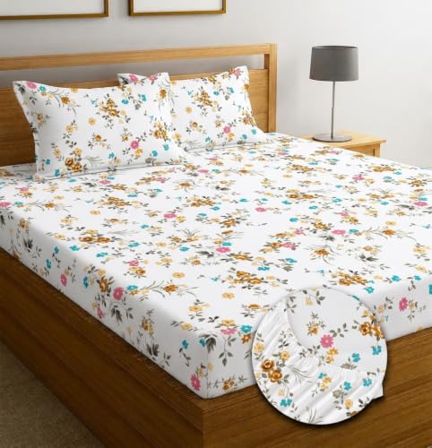 Image of IVAZA Ezyption Cotton Super Soft 240 TC Elastic Fitted All Around Elastic Printed King Size Double Bed Bedsheet with 2 Pillow Cover 72 inch X 78 inch3 Bright Fuchsia