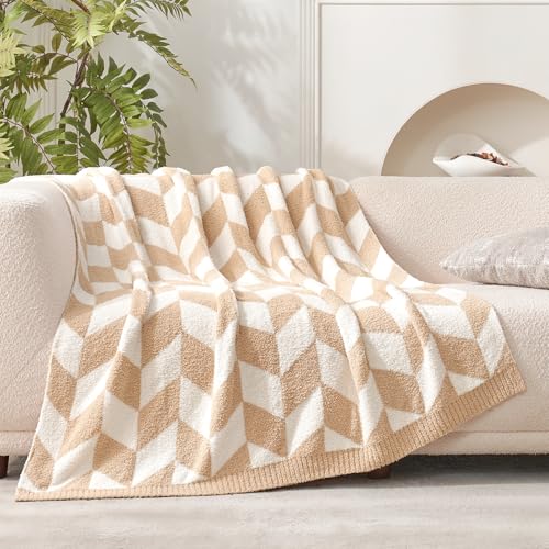 Image of Snuggle Sac Chevron Throw Blanket for Couch, Reversible Super Soft Warm Blankets Cozy Knit Fuzzy Plush Lightweight Throws for Sofa, Bed, Camping, Beige,50x60 inches