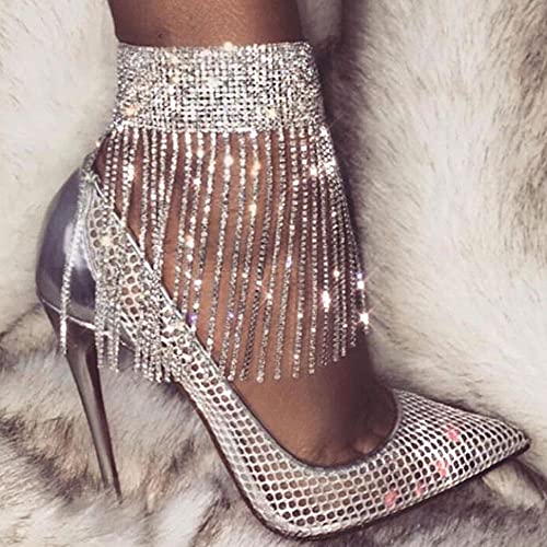 Yertter 1Pcs Wedding Silver Full Rhinestone Anklet Tassel Dangle Bangle Anklet Sparkly Adjustable High Heel Anklet Crystal Anklet Chain Accessories For Women And Girls (Silver 5) #TOP27