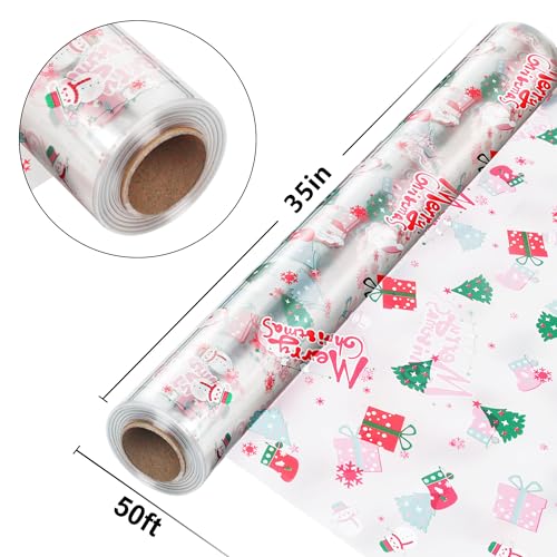 Image of JOYIT 35 in x 50 ft Christmas Cellophane Wrap Roll - 3 Mil Thick Transparent Merry Christmas Cellophane Wrapping Paper, Colored Cellophane Wrap for Gift Flower Basket Decoration