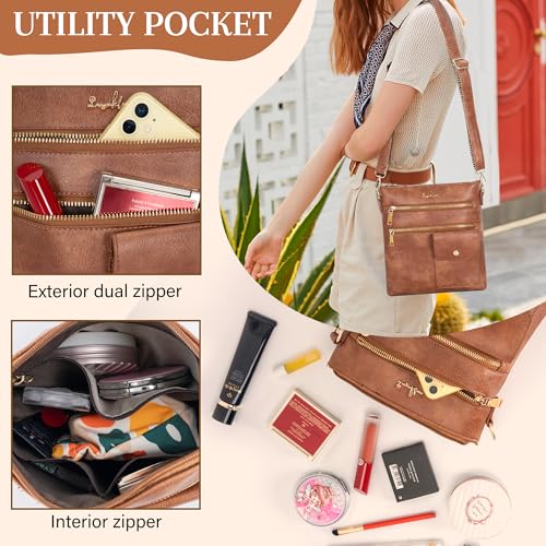 Crossbody Purses for Women, Soft PU Leather Shoulder Handbag, Zipper Pocket Adjustable Strap Shoulder Bag with RFID, Brown2
