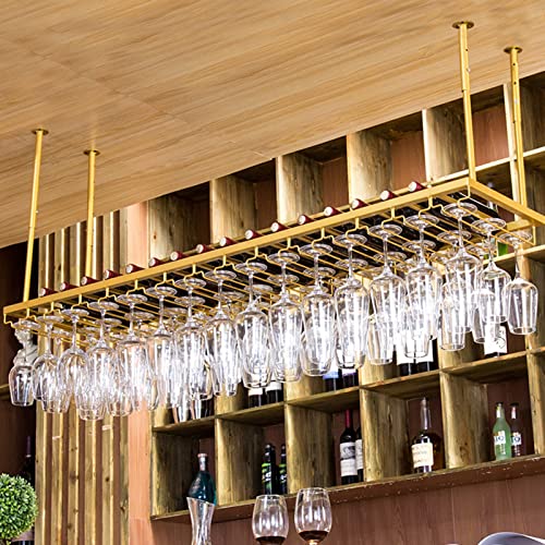 Regulowany złoty sufitowy wiszący stojak na wino - odwrócony uchwyt na kieliszki do wina i półka do przechowywania butelek do domu, kuchni, baru, spiżarni, 80 x 30 cm