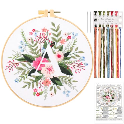 JSRQT Kit de Inicio Bordado de Flores con Letra A, Kit de Bordado Hecho a Mano para Principiantes Adultos, Kit de Punto Cruz Estampado con Herramienta de Bordado Incluye Aro de Bordado, Aguja e Hilos