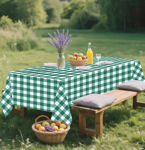 Image of SietDESEO 6 Pack Green Gingham Tablecloth Rectangle 54 x 108 Green and White Checkered Table Cloth Disposable Plaid Table Cover Plastic for Birthday Baby Shower Picnic Wedding Party Supplies