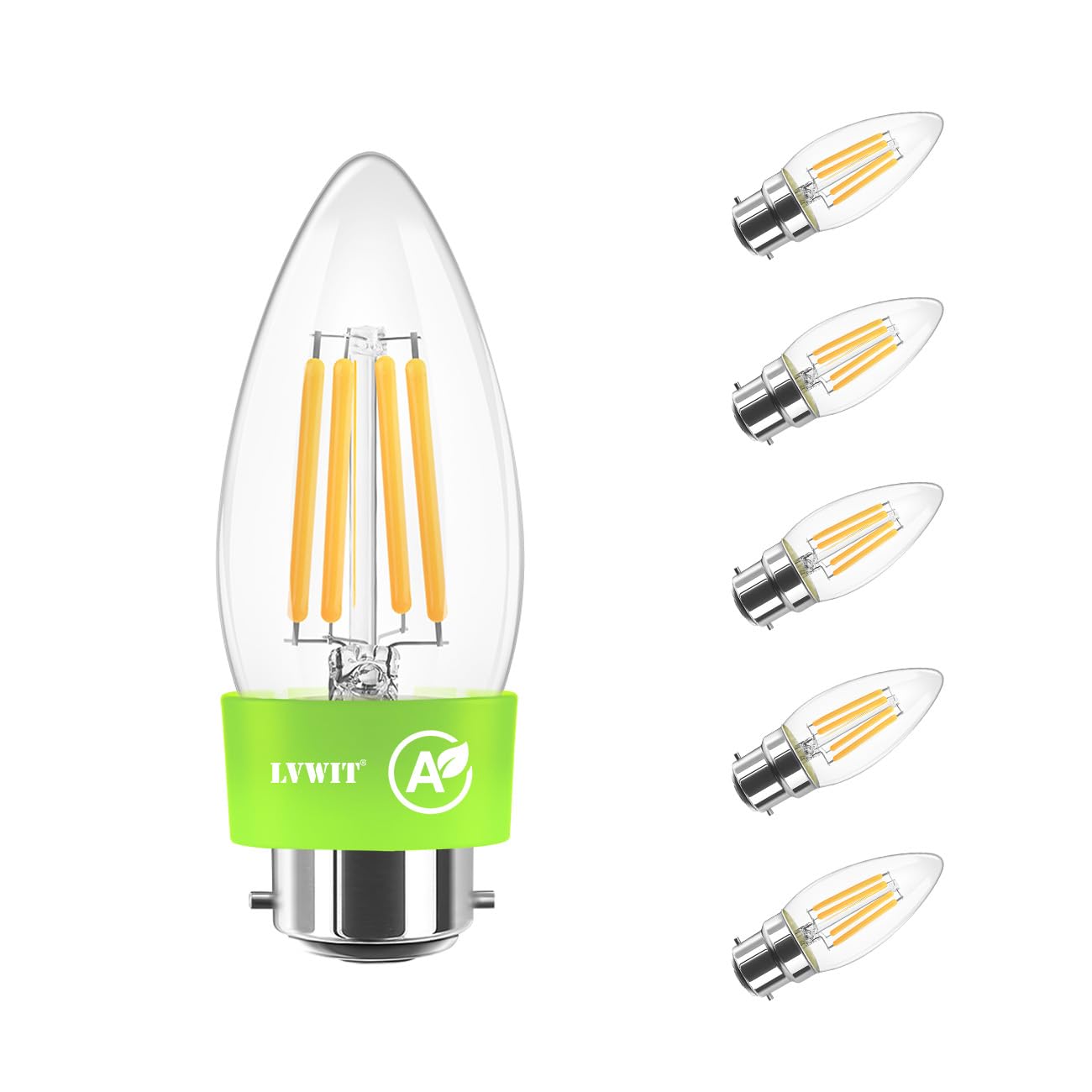 Lvwit An-C35-B22-Ultra-Efficient Class A B22 Candle Bulb,Ultra-Efficient Light Bulb,40W Bayonet Light Bulbs,2.2W Energy Saving Candle Bulbs, A-Class Warm White Light Bulbs Bayonet,470Lm,2700K,Non Dimmable (6Pcs,Clear)