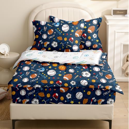 Image of Kids Comforter Set,Zipper Bedding Twin for Boys,Football Printed Comforter Set with Soccer Basketball Fitted Sheets and Pillowcases for All Season(Tennis)