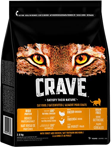 Crave Premium Trockenfutter mit Truthahn & Huhn für Katzen – Getreidefreies Adult Katzenfutter mit hohem Proteingehalt – 3 x 2,8 kg