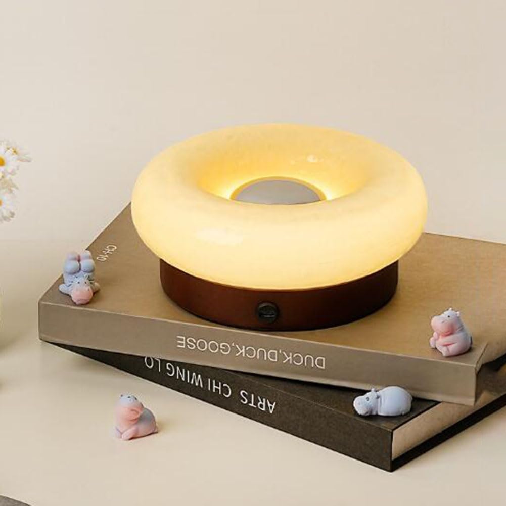 LED Donut Lampe Orange Glas Holz Tischlampe Akku USB Aufladbar Nachttischlampe mit Touch Schalter Rund Donut Tischleuchten Dimmbar Moderne Dekoration Kinderzimmer Licht für Wohnzimmer,Beige