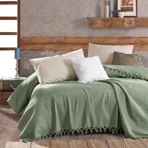 Milam London Manta verde salvia | Colcha de algodón tamaño King | Manta de sofá grande de 3 plazas | Manta de cama de gofre tamaño King | Manta grande para sofás de 220 x 240 cm