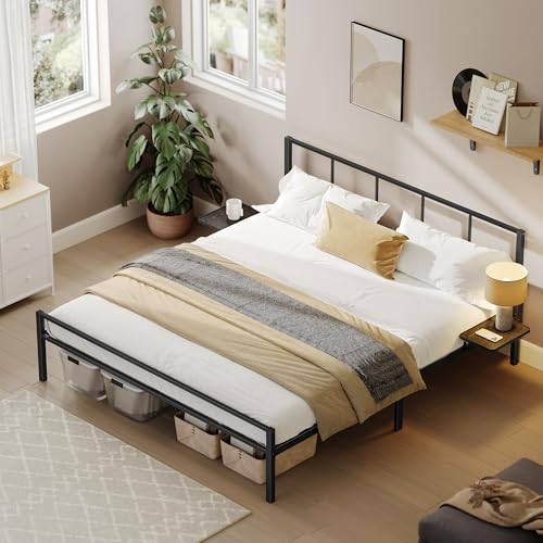 VASAGLE Doppelbettgestell, Bett, 160 x 200 cm, Metallbett, Bettrahmen, mit Kopfteil, modern, mit Aufbewahrungsregalen, Gästebett, für Teenager,...