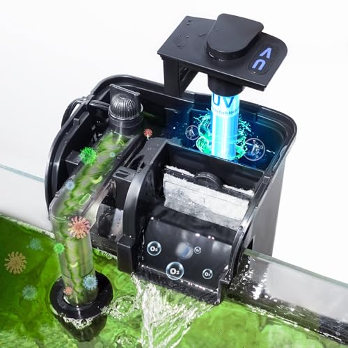 Hang on Back Aquarium Filter 158GPH for 10-40 Gal. Fish Tank, w/ Detachable U-V Light &Surface Skimmer, 4-Stage Suspension Oxygen Deodorization Saltwater Freshwater Crystal Clear Green Clean Machine