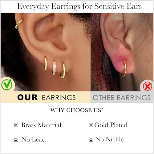 Image of Small Gold Huggie Hoop Earrings Set for Women Men Hypoallergenic 14K Plated Stack Cartilage Earrings, Sterling Silver Multiple Piercing Lightweight Mini Thin Cute Dainty Trendy Jewelry Gifts for Women