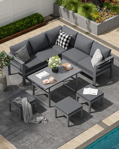 AECOJOY Aluminum Patio Furniture Set, 8 Seats Modern Outdoor Furniture with Adjustable Table, 7 Pieces Metal Conversation Sectional Sofa, Dark Gray