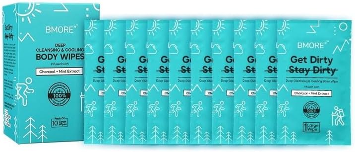 BMore Biodegradable Individually Wrapped Face and Body Wet Wipes | Large 30x30 cm | Daily Use Travel and Outdoor Eco Bath Wipes | Charcoal and Mint Pocket Wipes (Pack of 10)