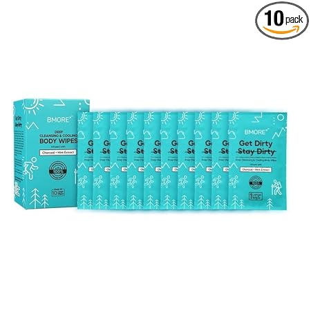 BMore Biodegradable Individually Wrapped Face and Body Wet Wipes | Large 30×30 cm | Daily Use Travel and Outdoor Eco Bath Wipes | Charcoal and Mint Pocket Wipes (Pack of 10)