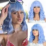 ITTAYLER Light Blue Wig Wavy Short Blue Wig with Bangs, Colored Medium Length Wigs for Women, Premium Synthetic Blue Bob Wig with Bangs for Daily Cosplay Party Wear (14inch Pastel Blue)
