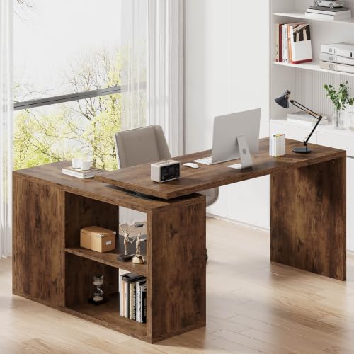 HSH L Desk with Storage Shelves, L Shaped Computer Desk with Open Storage Cabinet, Reversible Corner Home Office Desk for Writing Work, Wood Study Table in Bedroom Living Room, Rustic Brown, 140 CM