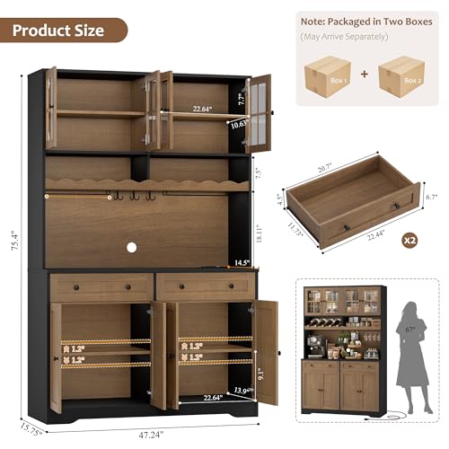Image of HOSTACK 75.4 inch Tall Kitchen Pantry Cabinet with Charging Station, Modern White Kitchen Hutch with Microwave Stand and Wine Rack, Large Food Pantry Storage Cabinet with Glass Doors and Drawers, Brown