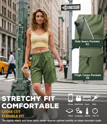 7 Inches Inseam Women Cargo Hiking Casual Mom Shorts Lady Senior Junior Athletic Gym Running Workout High Waisted Pocket Stretchy Baggy Bermuda Summer Long Golf Beach Board Exercise 5 6 8 Olive — view 3