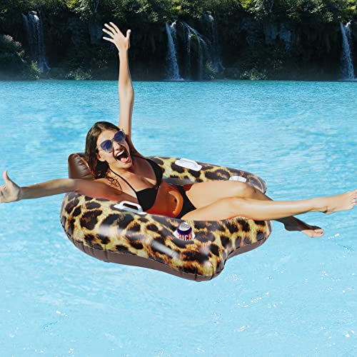 Inflatable Pool Floats For Adults, Heavy Duty River Tube Float With 2 Cup Holders And Backrest, Quickly Inflate Lake Water Tubes For Floating River Raft Lounge Floatie, Cheetah #TOP3