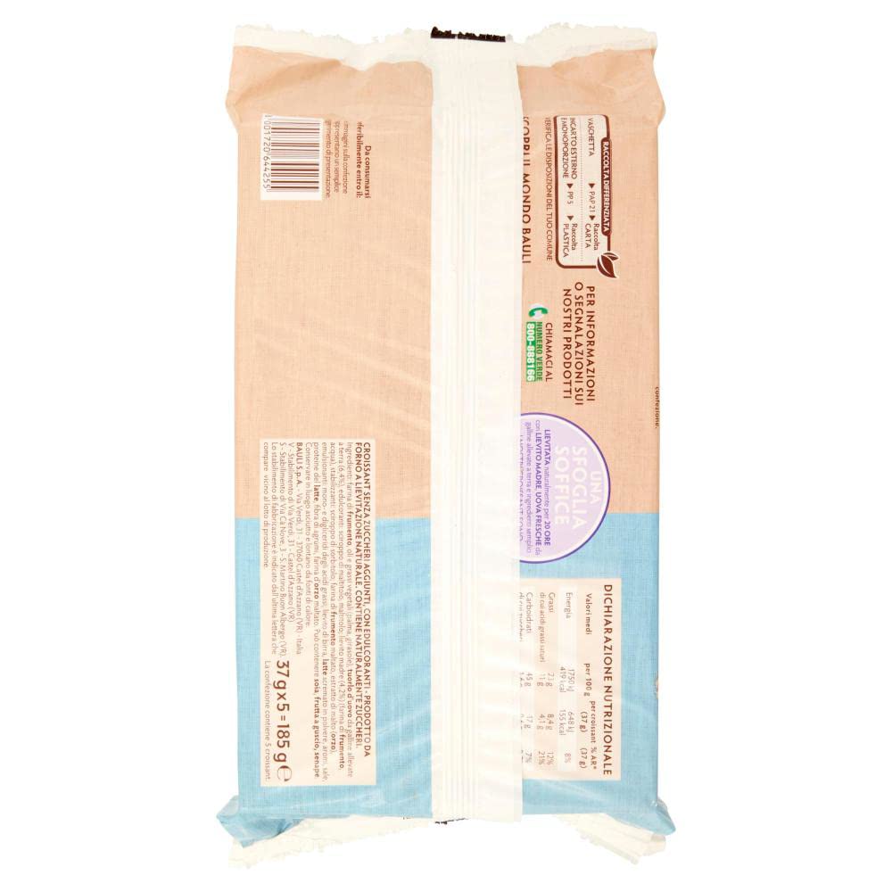 12x Bauli Cornetti Croissant Semplice Senza Zuccheri Aggiunti con Lievito Madre Croissant Ohne Zuckerzusatz mit Sauerteig Packung à 185g, Jede Packung enthält 5 Croissants à 37g