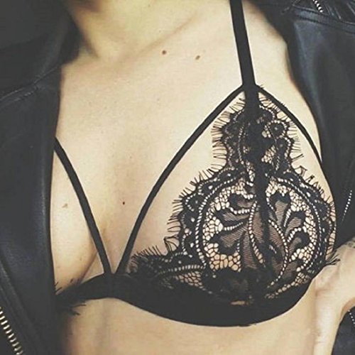 Orangeskycn Women Hollow Translucent Underwear Sheer Lace Strap Lingerie Bra Top Bustier (L)