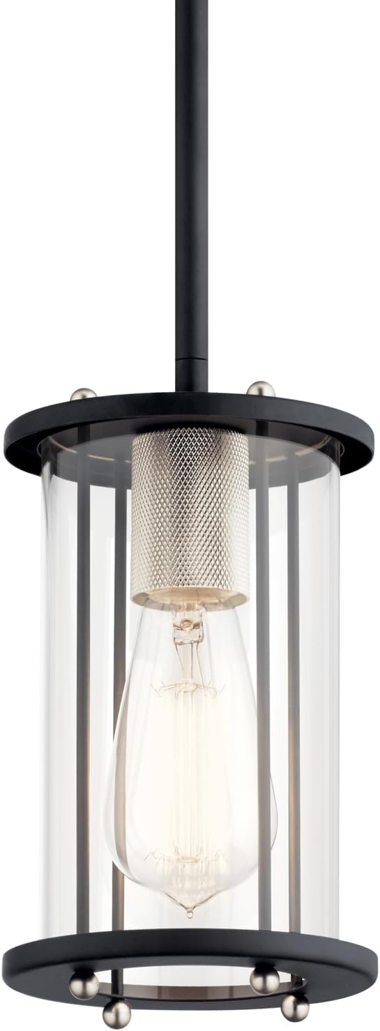 KICHLER Loman 1 Light Mini Pendant in a Matte Black and Brushed Nickel Finish with a Craftsman Clear Glass Cylinder, 82331