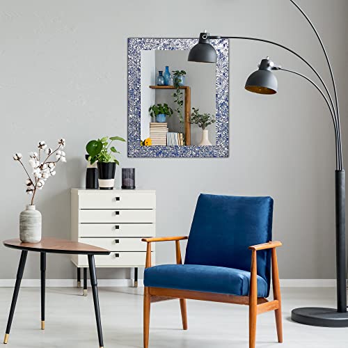Multi-Colored Cobalt Blue & Silver, Luxe Mosaic Glass Framed Wall Mirror, Decorative Embossed Glass Mosaic Rectangular Vanity Mirror/Accent Mirror (30" X 24") #TOP3